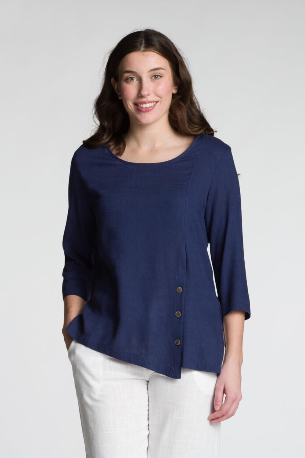 3/4 Sleeve Scoop Neck Top with Front Button Detail - Image 4