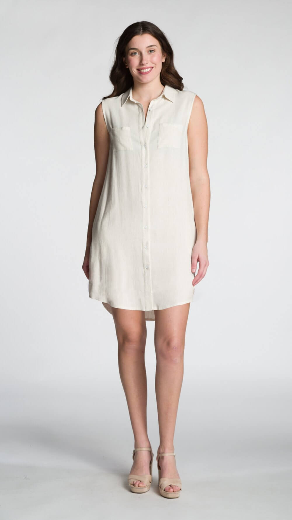 Sleeveless Button Front Shirt Dress with Chest and Side Pockets - Image 3