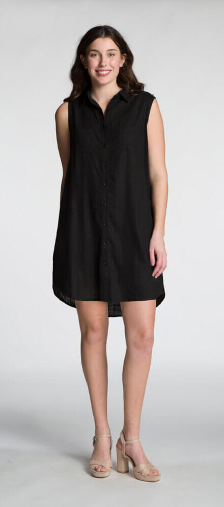 Sleeveless Button Front Shirt Dress with Chest and Side Pockets