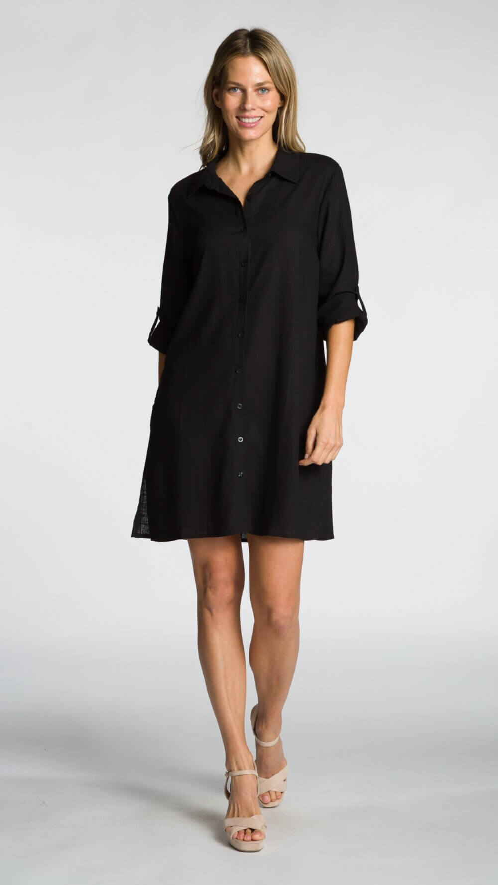 Roll-Up Long Sleeve Button Front Shirt Dress with Side Slits and Pockets