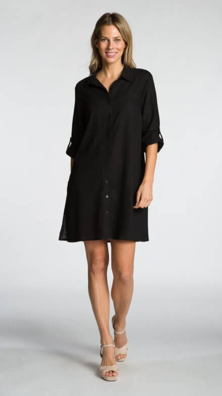 Roll-Up Long Sleeve Button Front Shirt Dress with Side Slits and Pockets