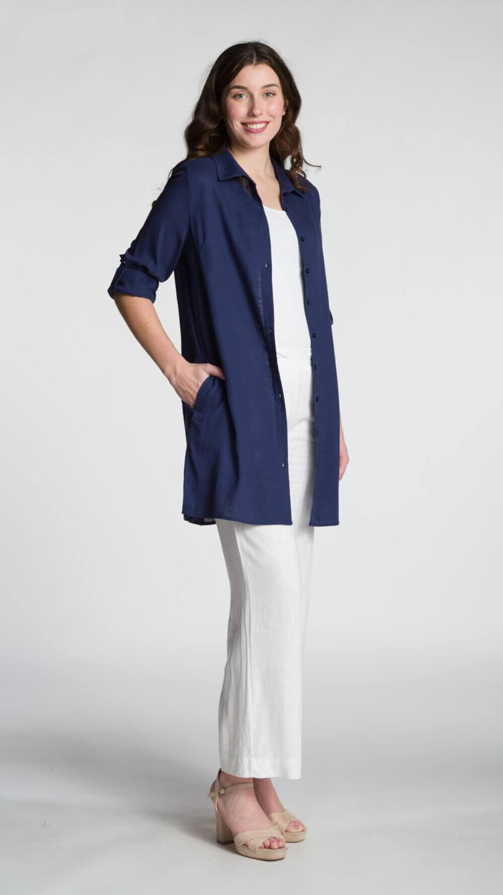 Roll-Up Long Sleeve Button Front Shirt Dress with Side Slits and Pockets - Image 3