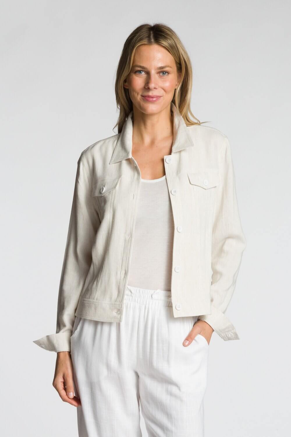 Long Sleeve Button Front Short Body Jacket with Chest and Side Pockets