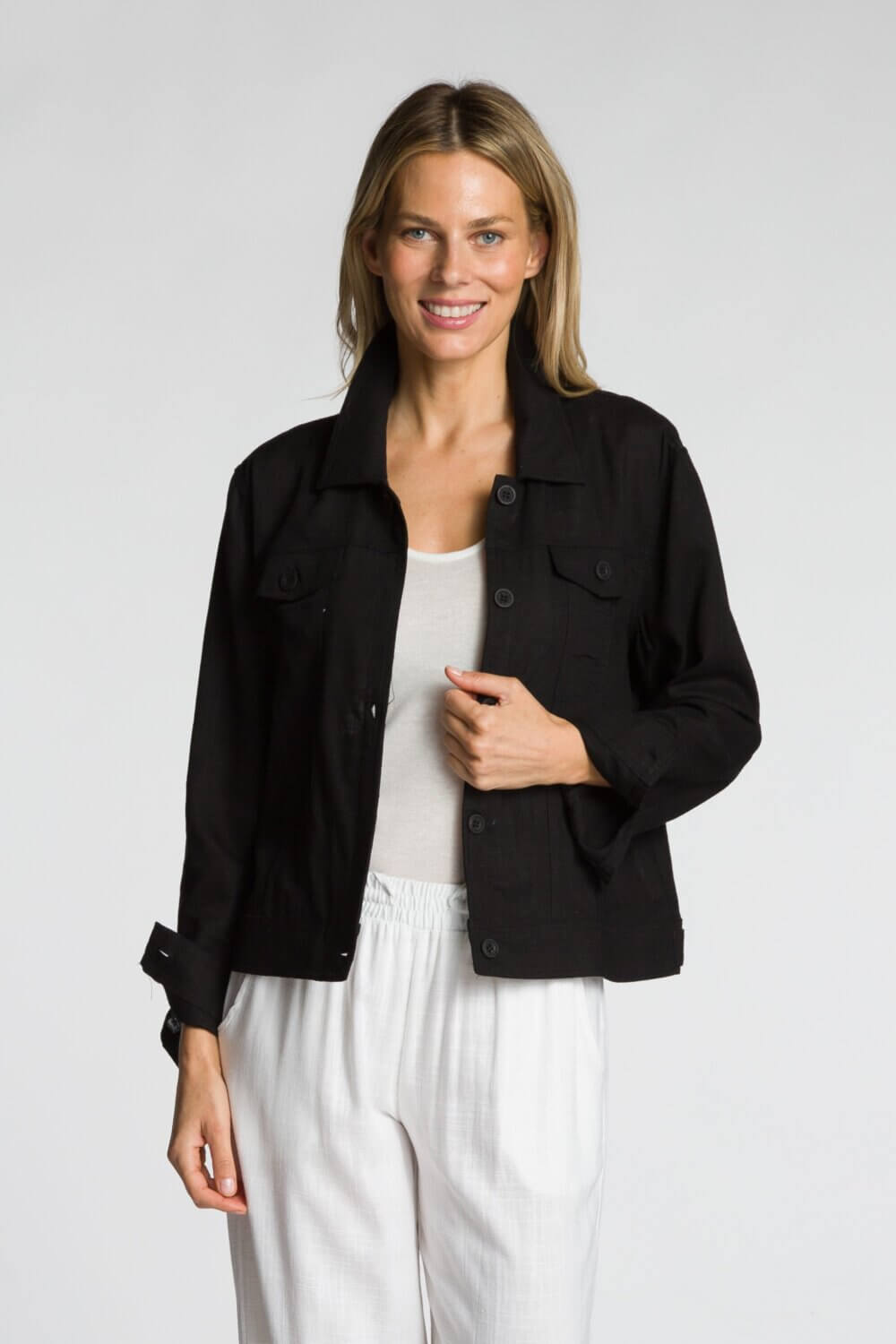 Long Sleeve Button Front Short Body Jacket with Chest and Side Pockets - Image 2