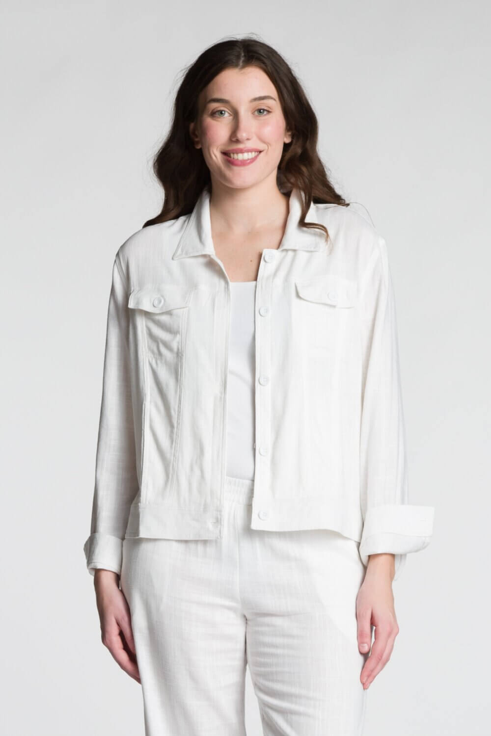 Long Sleeve Button Front Short Body Jacket with Chest and Side Pockets - Image 3