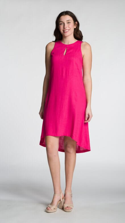 Sleeveless Crew Neck Midi Dress with Keyhole Neckline and High-Low Hem Design
