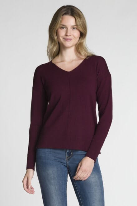 Long Sleeve V-Neck Sweater with Front Centre Seam and High-Low Hem Design
