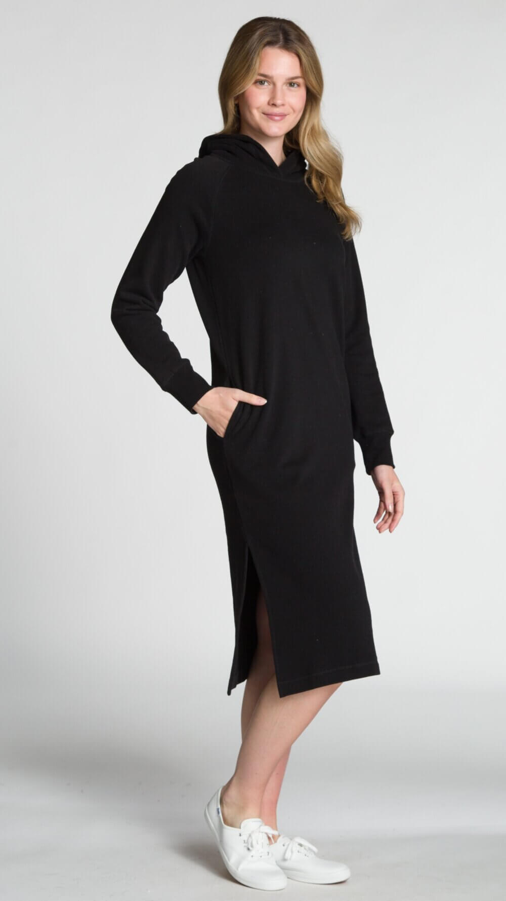 Long Sleeve Hooded Midi Dress with Side Slits and Pockets