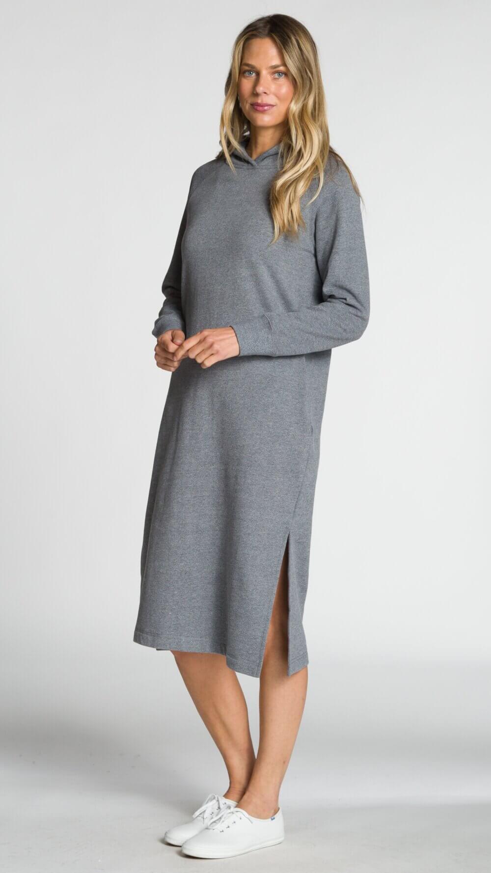 Long Sleeve Hooded Midi Dress with Side Slits and Pockets - Image 4