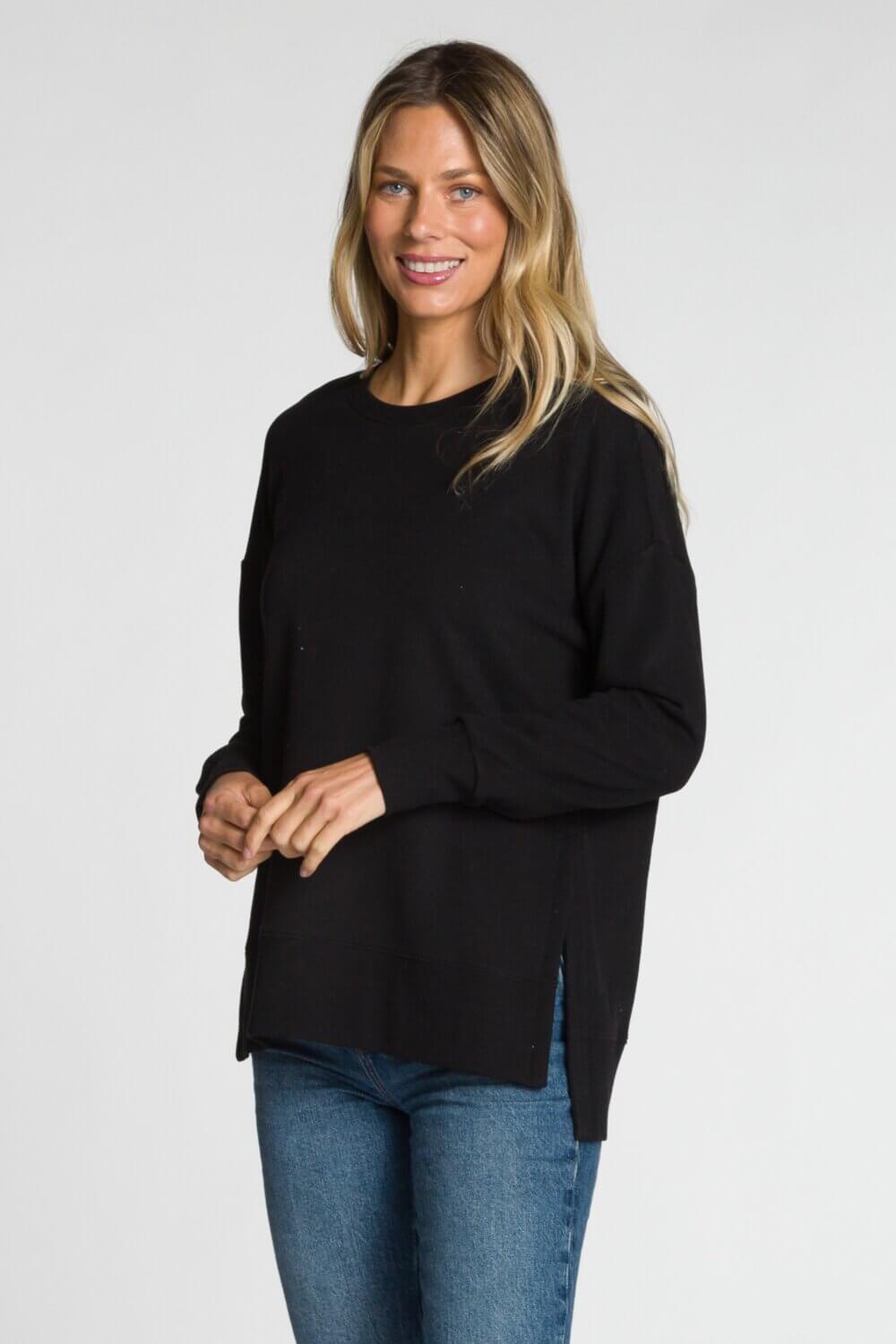 Long Sleeve Crew Neck Top with High-Low Hem and Side Slits - Image 2