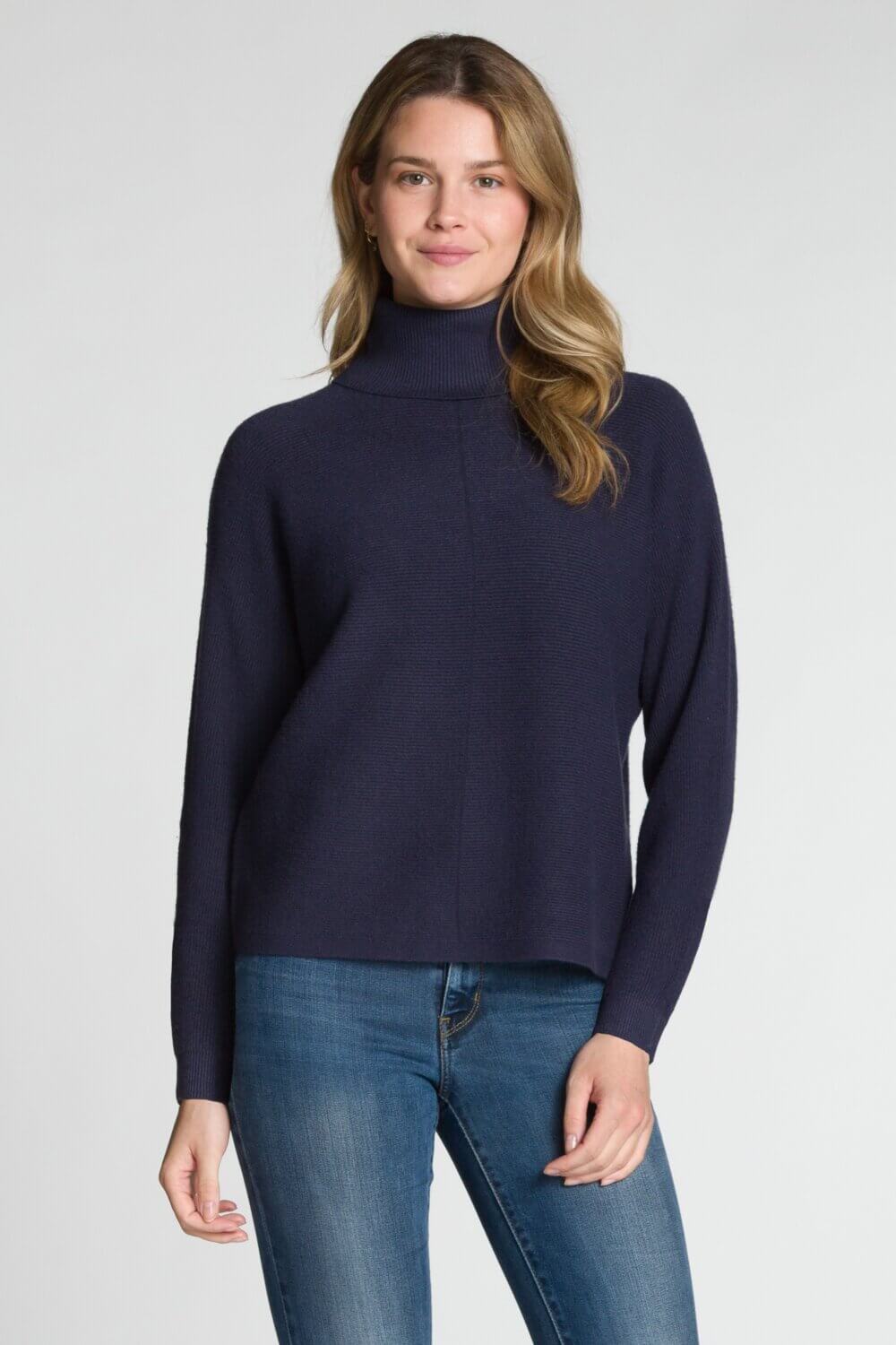 Long Sleeve Ribbed Turtle Neck Sweater with Front Centre Seam