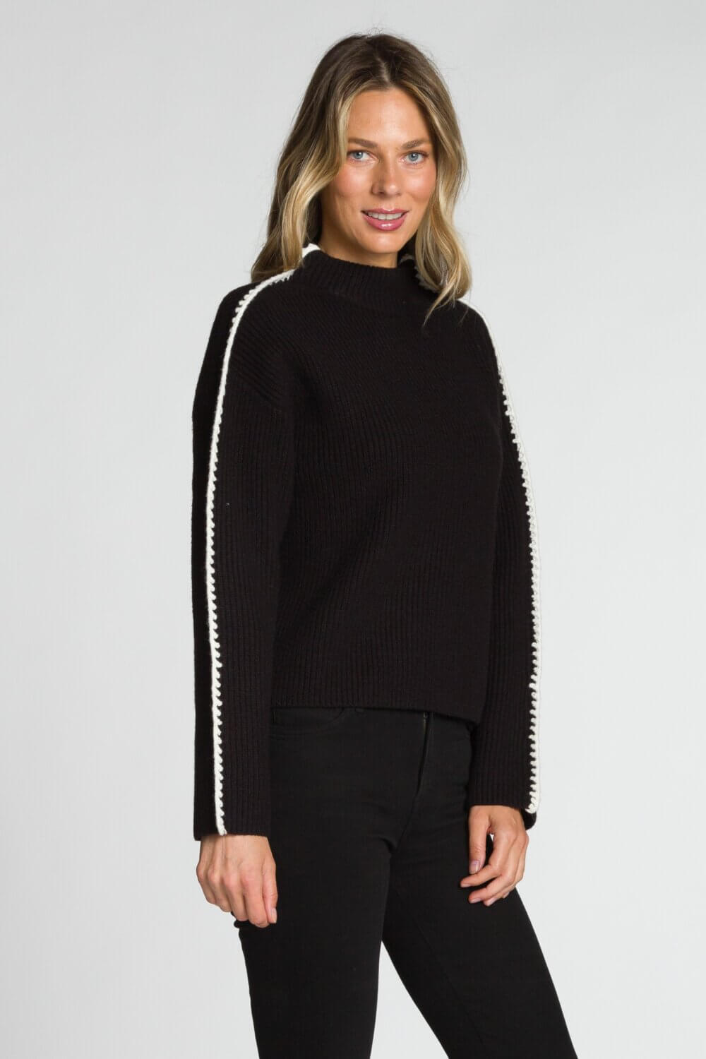 Long Sleeve Mock Neck Sweater with Contrast Crochet Detail on Sleeves - Image 2